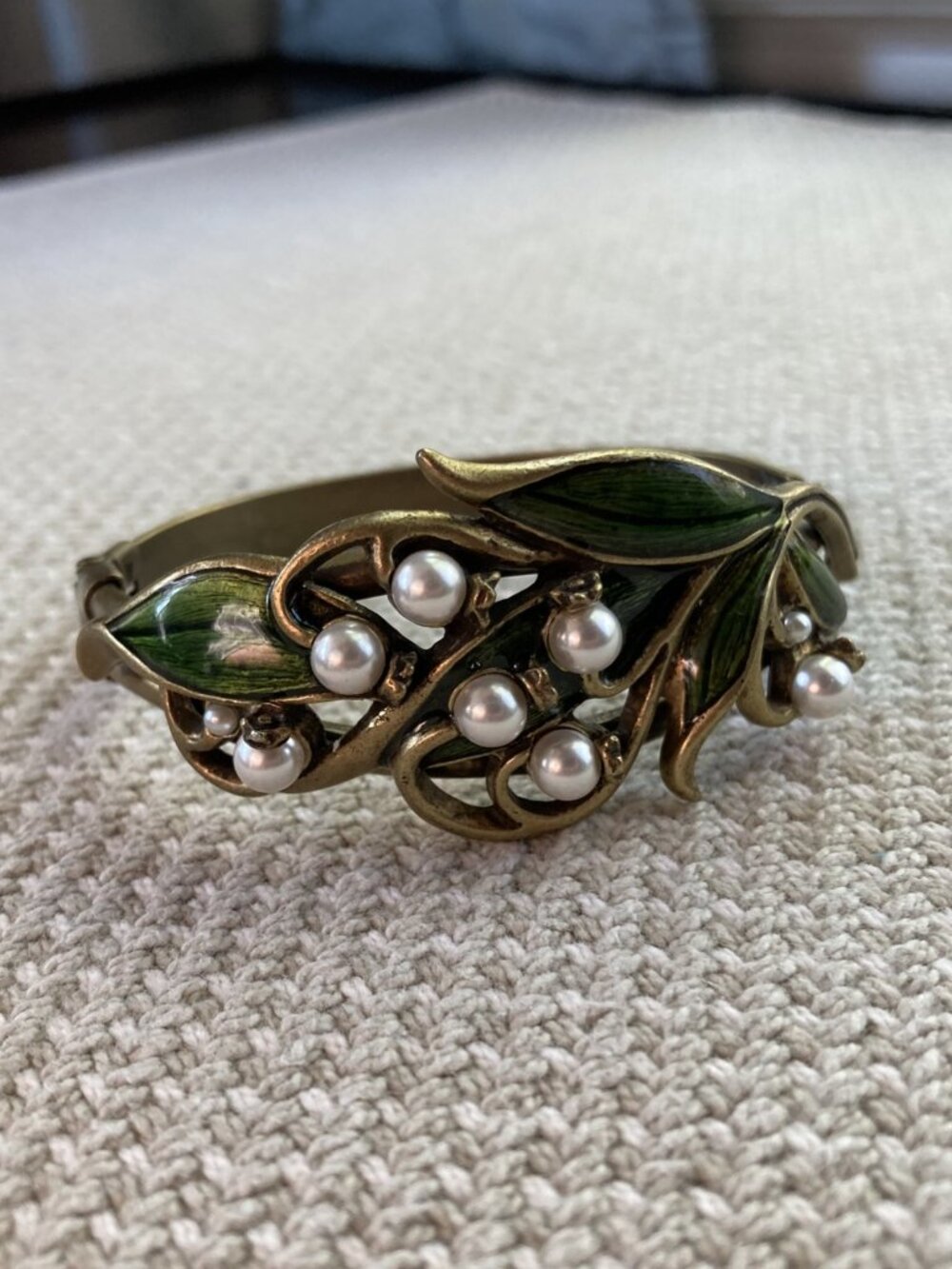 Sweet Romance USA, "Lily of the Valley" Bracelet , Faux Pearl, Bronzed, Enamel